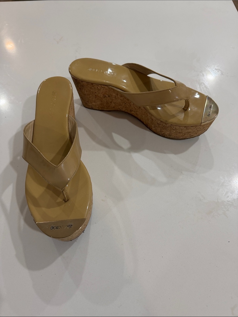 Jimmy Choo Nude Patent Cork Wedge Thongs